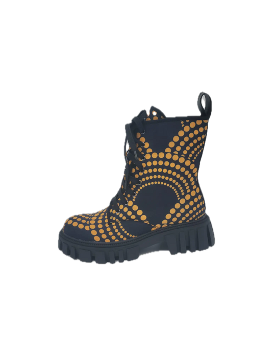 African Accessories, African shoes-Ayman African Print Martin Boots-Black and YellowÂ