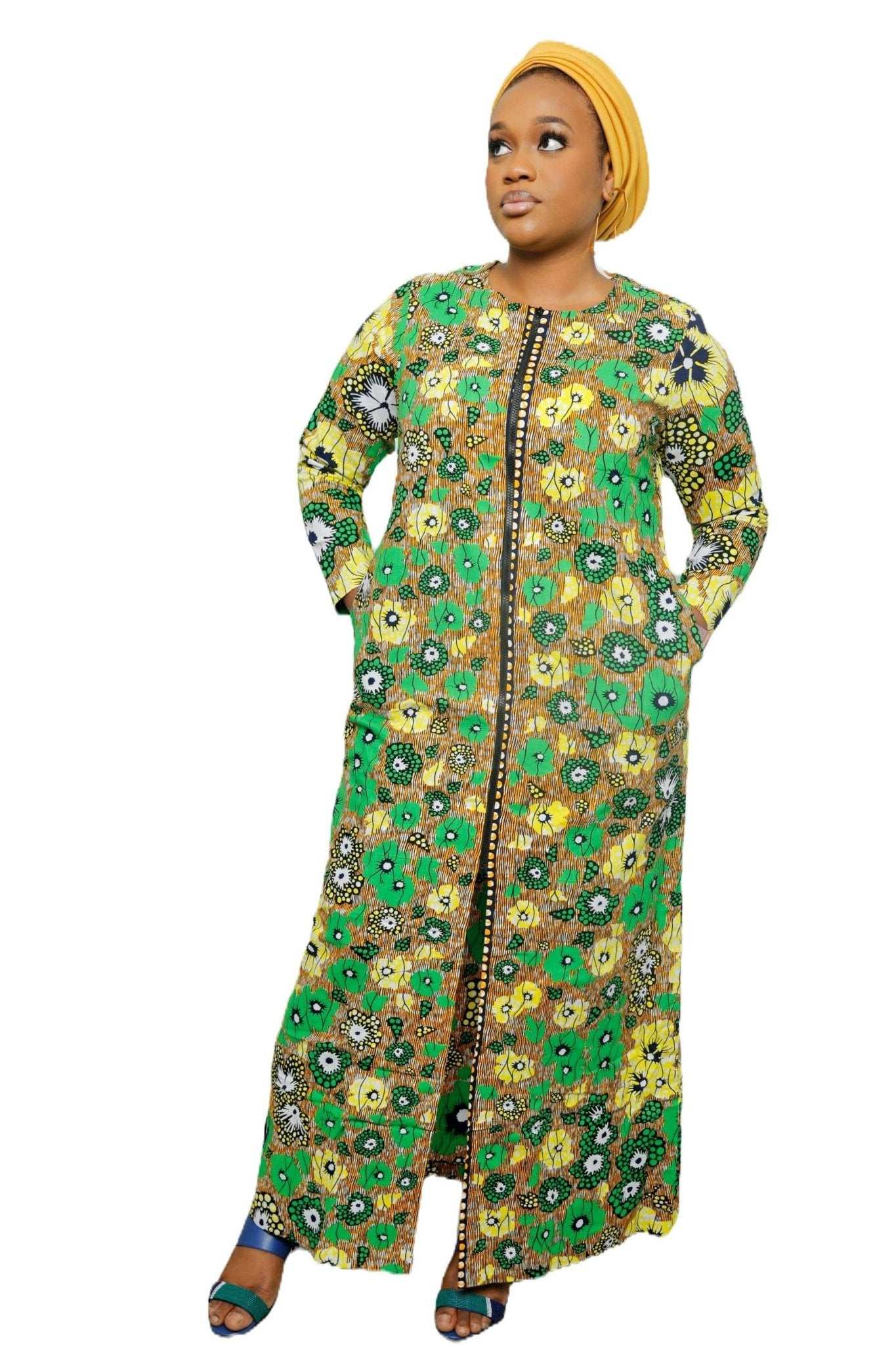 African Dress Ladies | Stylish Ankara Dress Jacket-Maxi-Green2