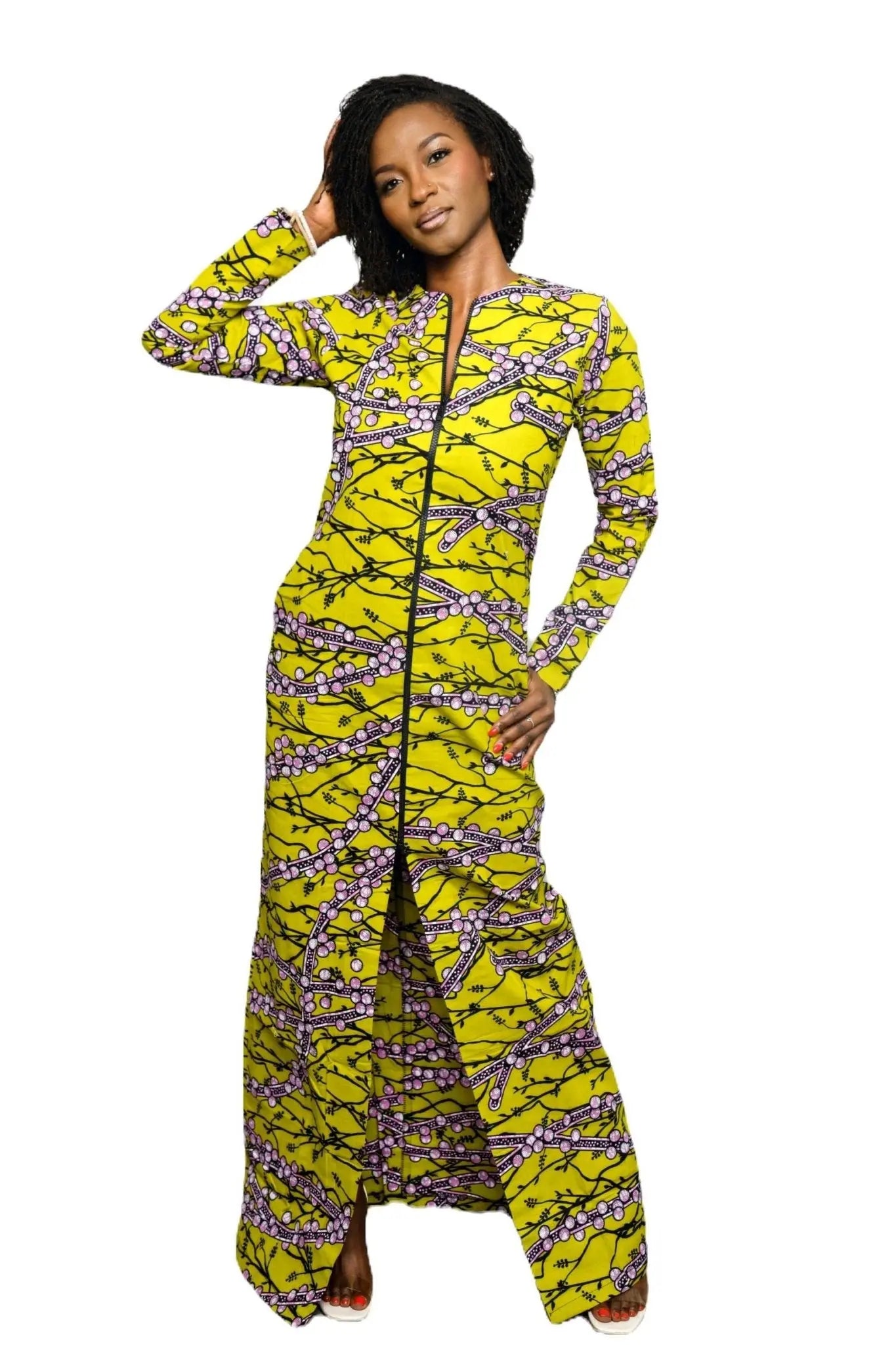 African Dress Ladies | Stylish Ankara Dress Jacket-Maxi Green-Yellow
