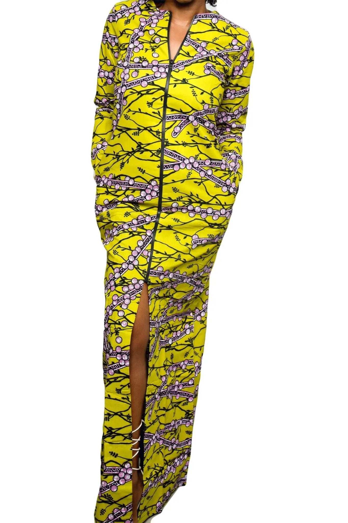 African Dress Ladies | Stylish Ankara Dress Jacket-Maxi Green-Yellow