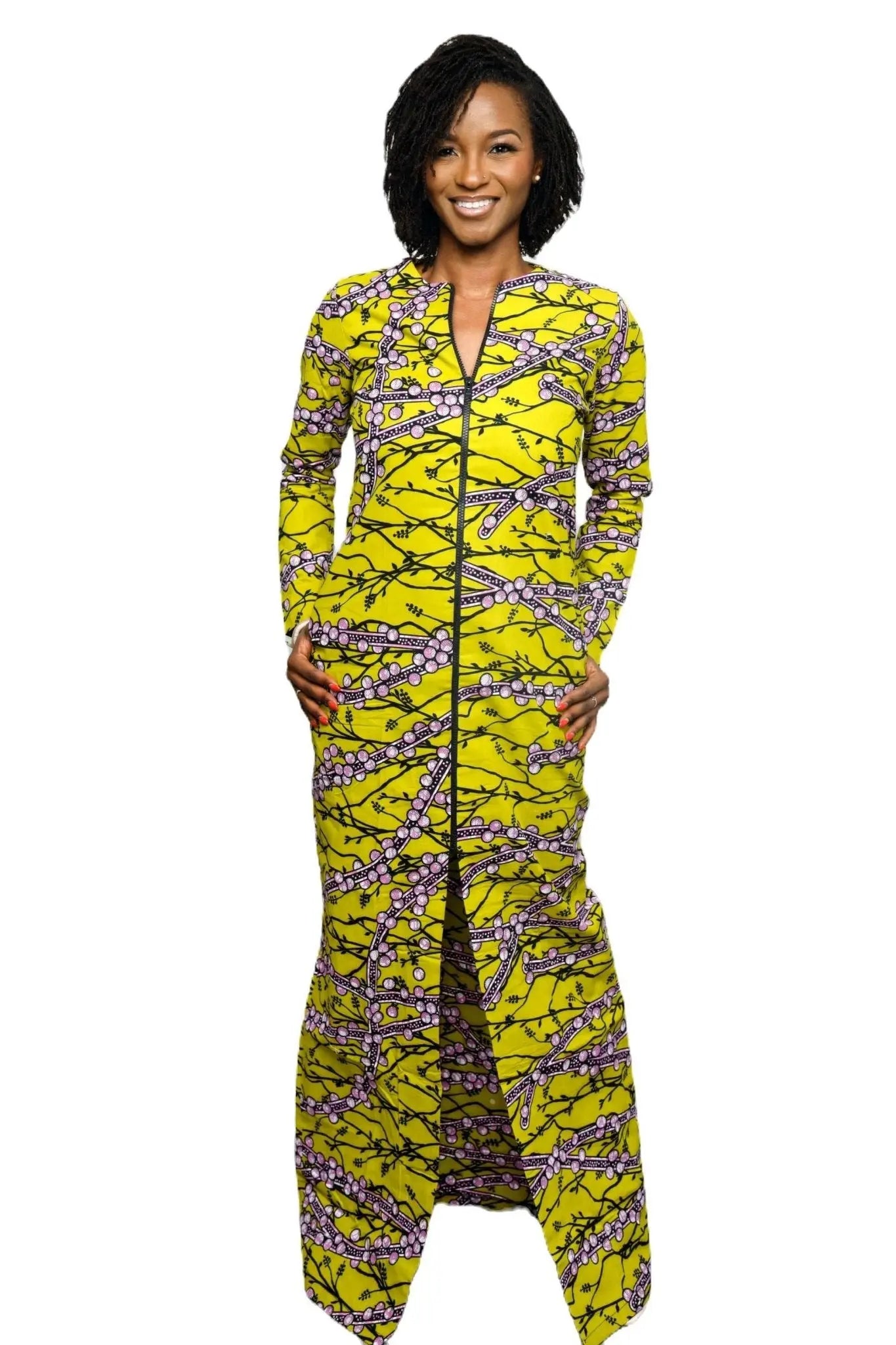 African Dress Ladies | Stylish Ankara Dress Jacket-Maxi Green-Yellow