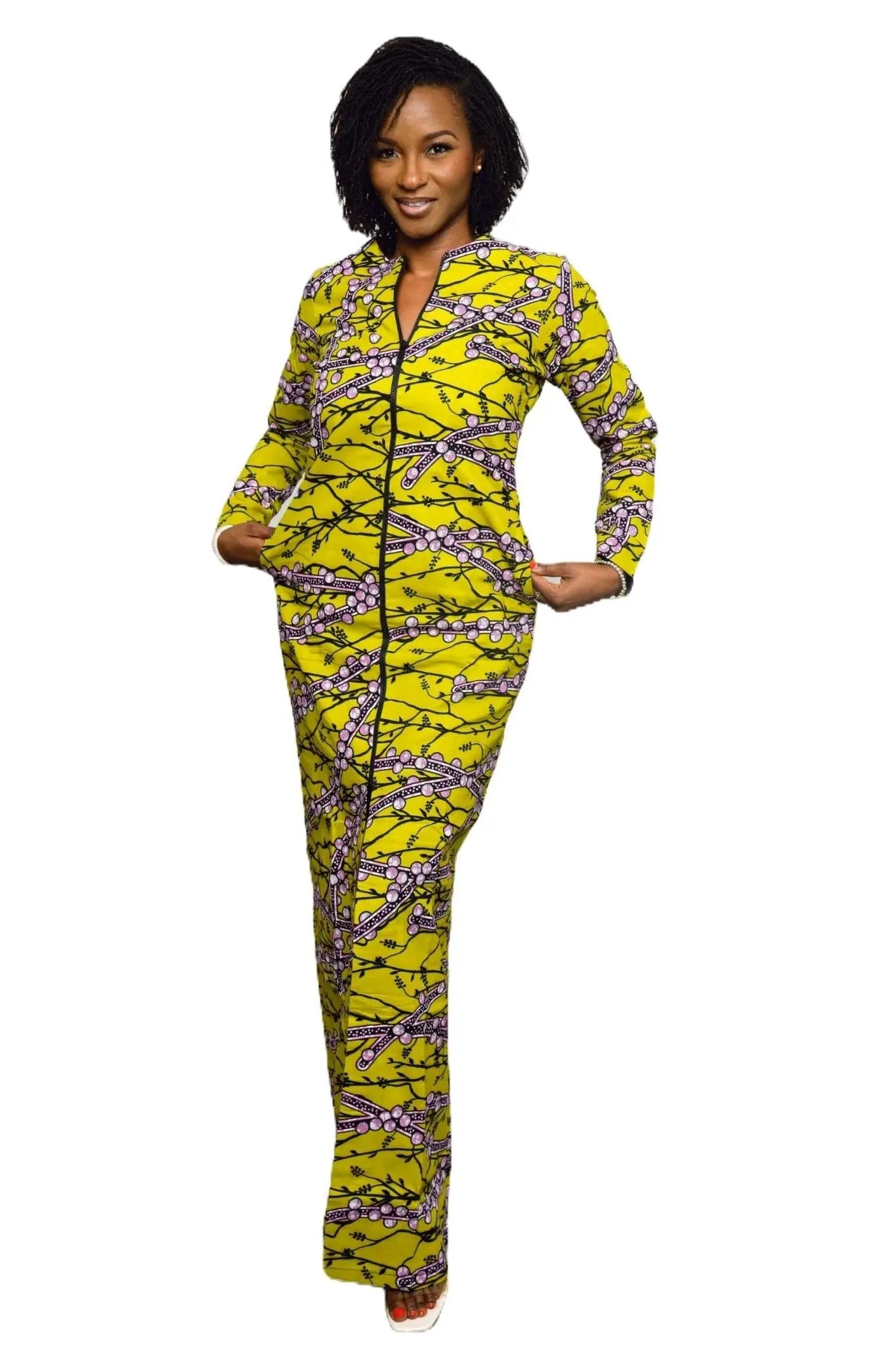 African Dress Ladies | Stylish Ankara Dress Jacket-Maxi Green-Yellow