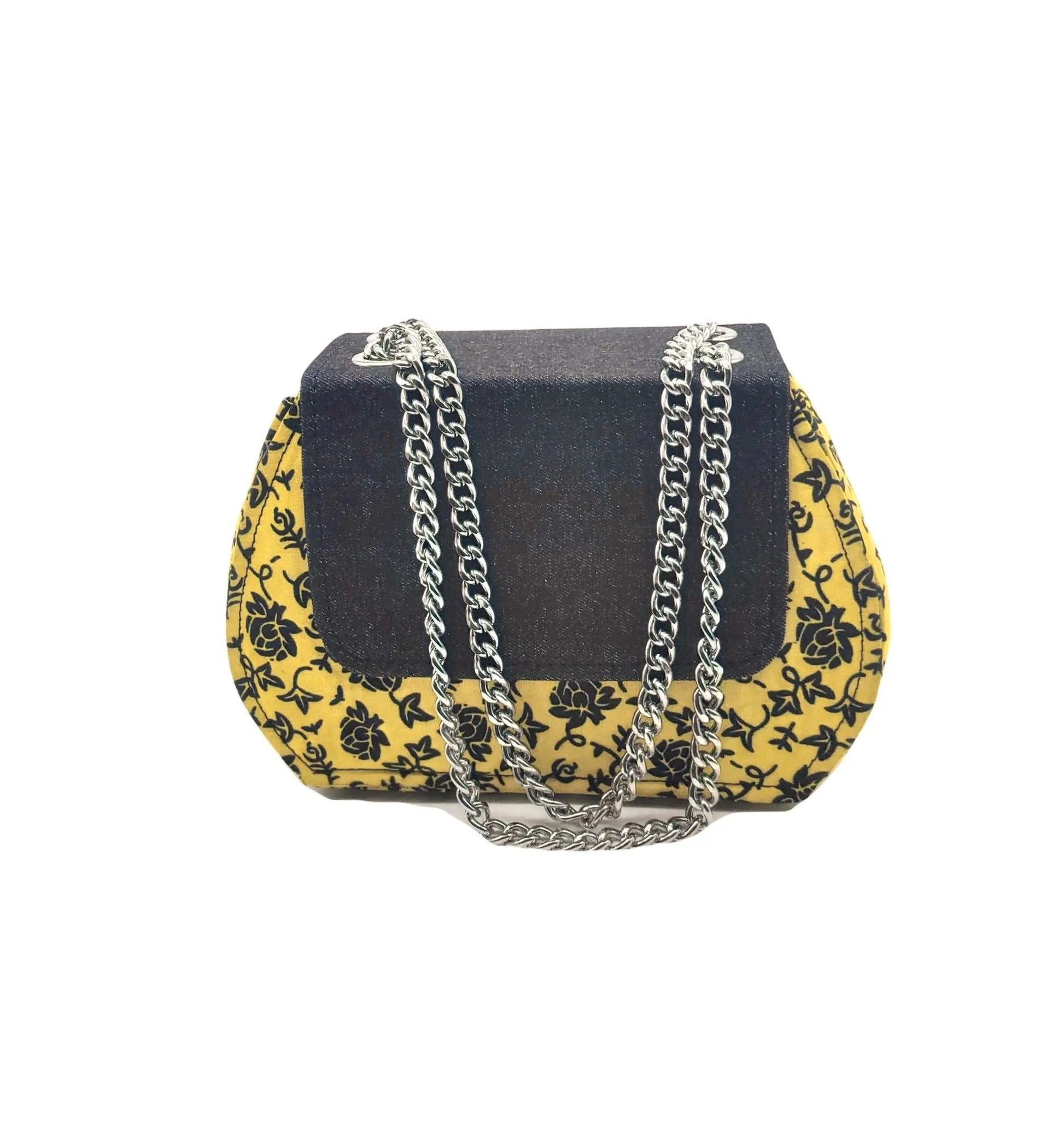African Accessories Ummita Chic Ankara and Denim Handbag Yellow- African Print