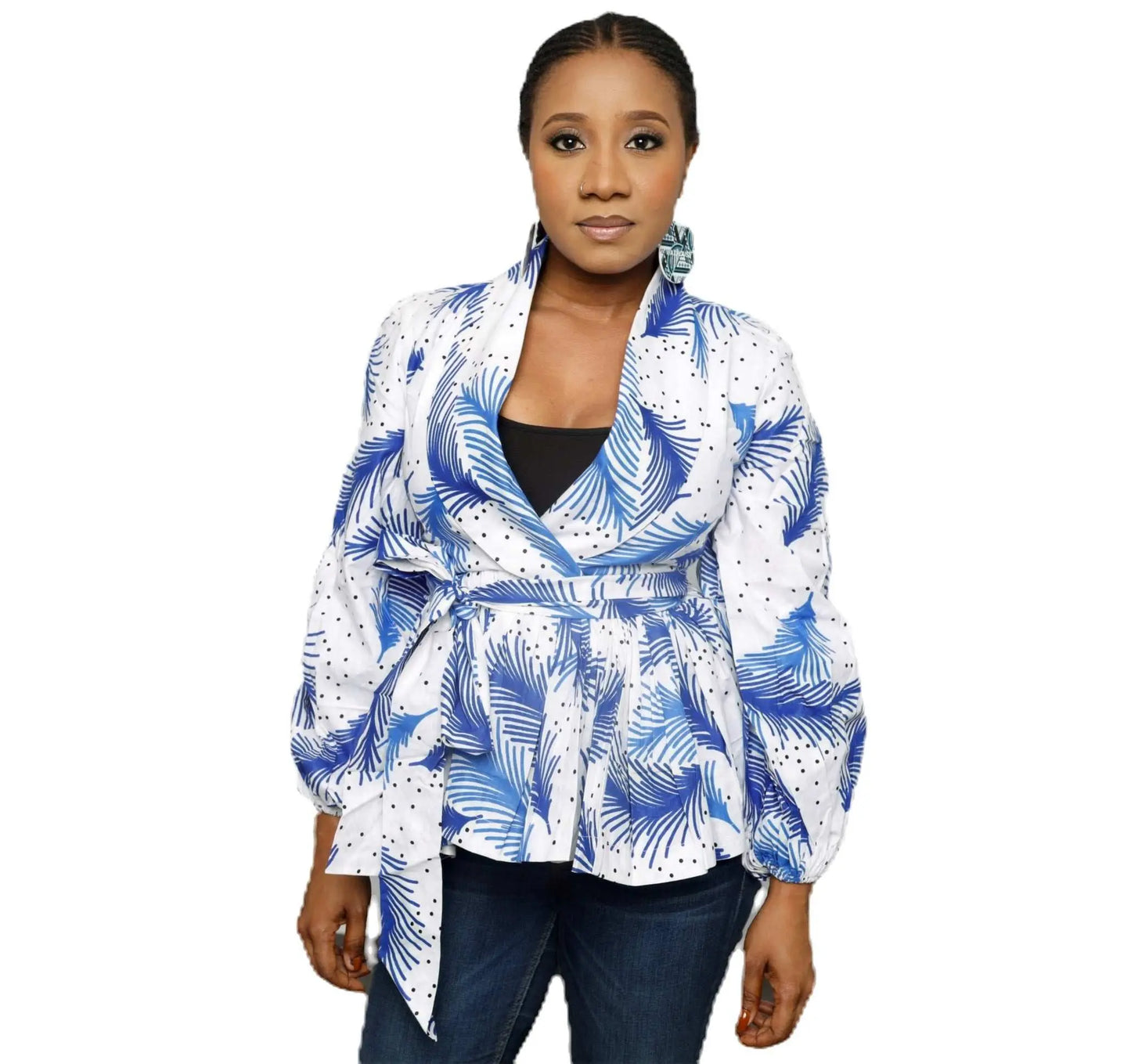 African Clothing for Women | Stylish Liho Peplum Top-Ankara-white-blue