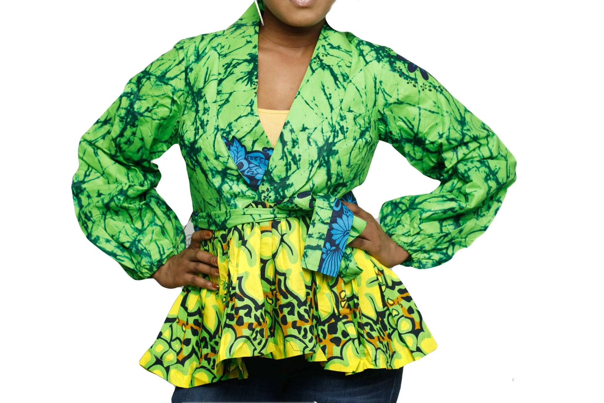 African Clothing for Women|Stylish Liho Peplum Top-Ankara-Green2
