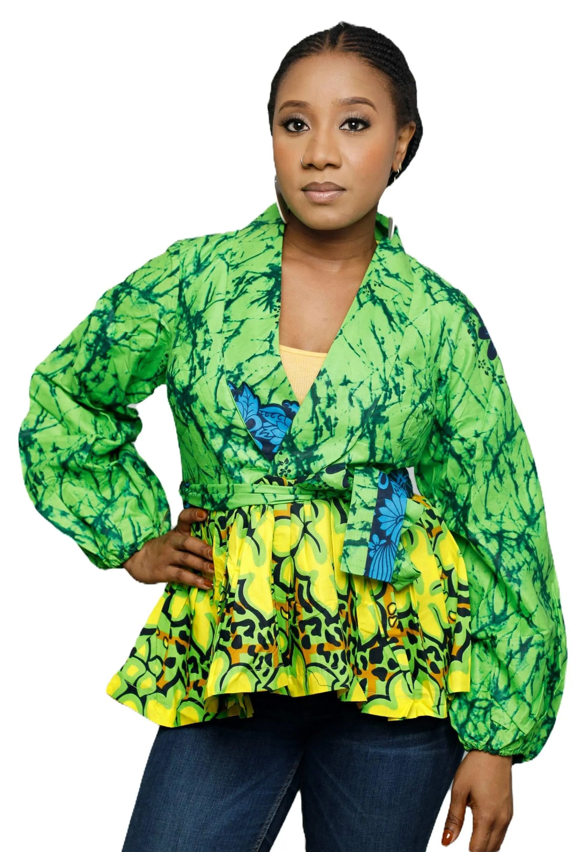 African Clothing for Women|Stylish Liho Peplum Top-Ankara-Green2