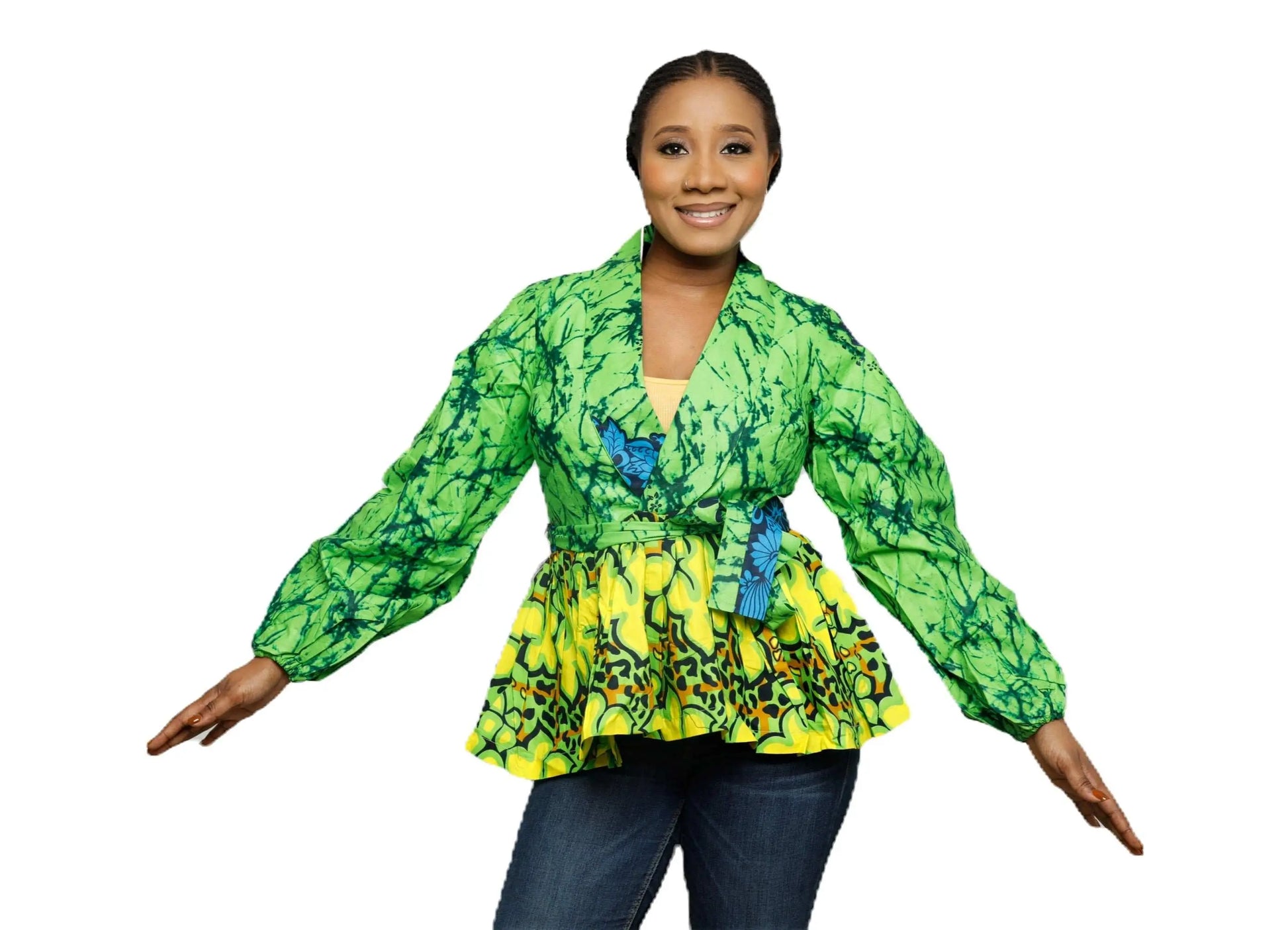 African Clothing for Women|Stylish Liho Peplum Top-Ankara-Green2