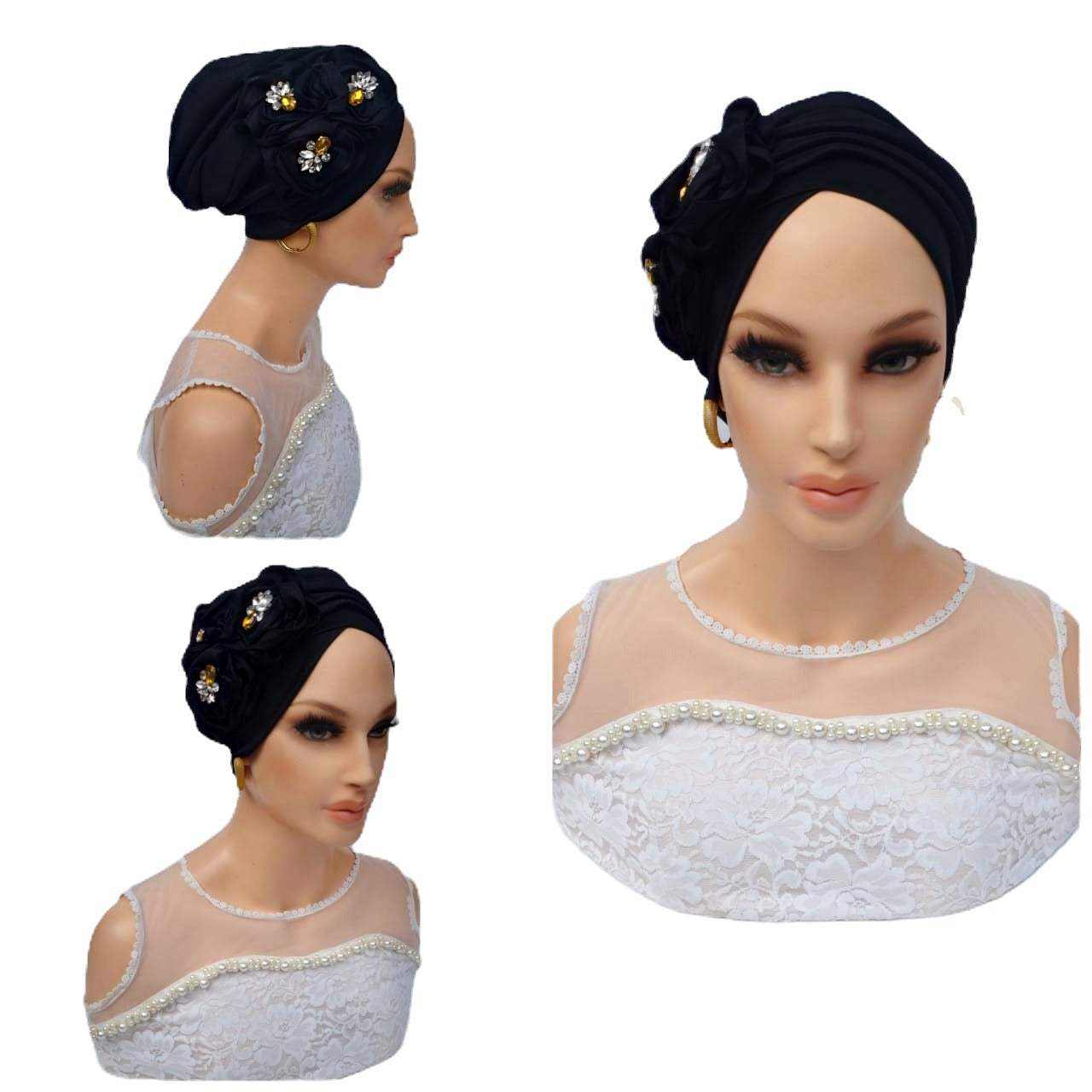 Dee Three flowers embellished Black silk Turban - Glam Origins