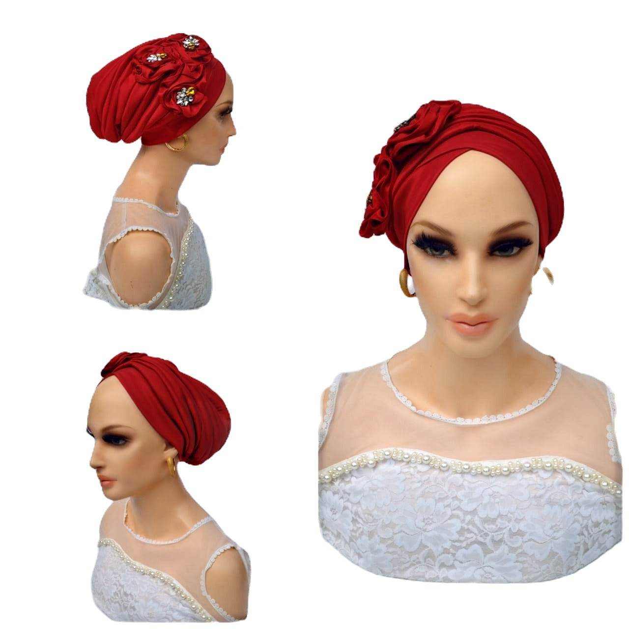 Dee Three flowers embellished red silk Turban - Glam Origins