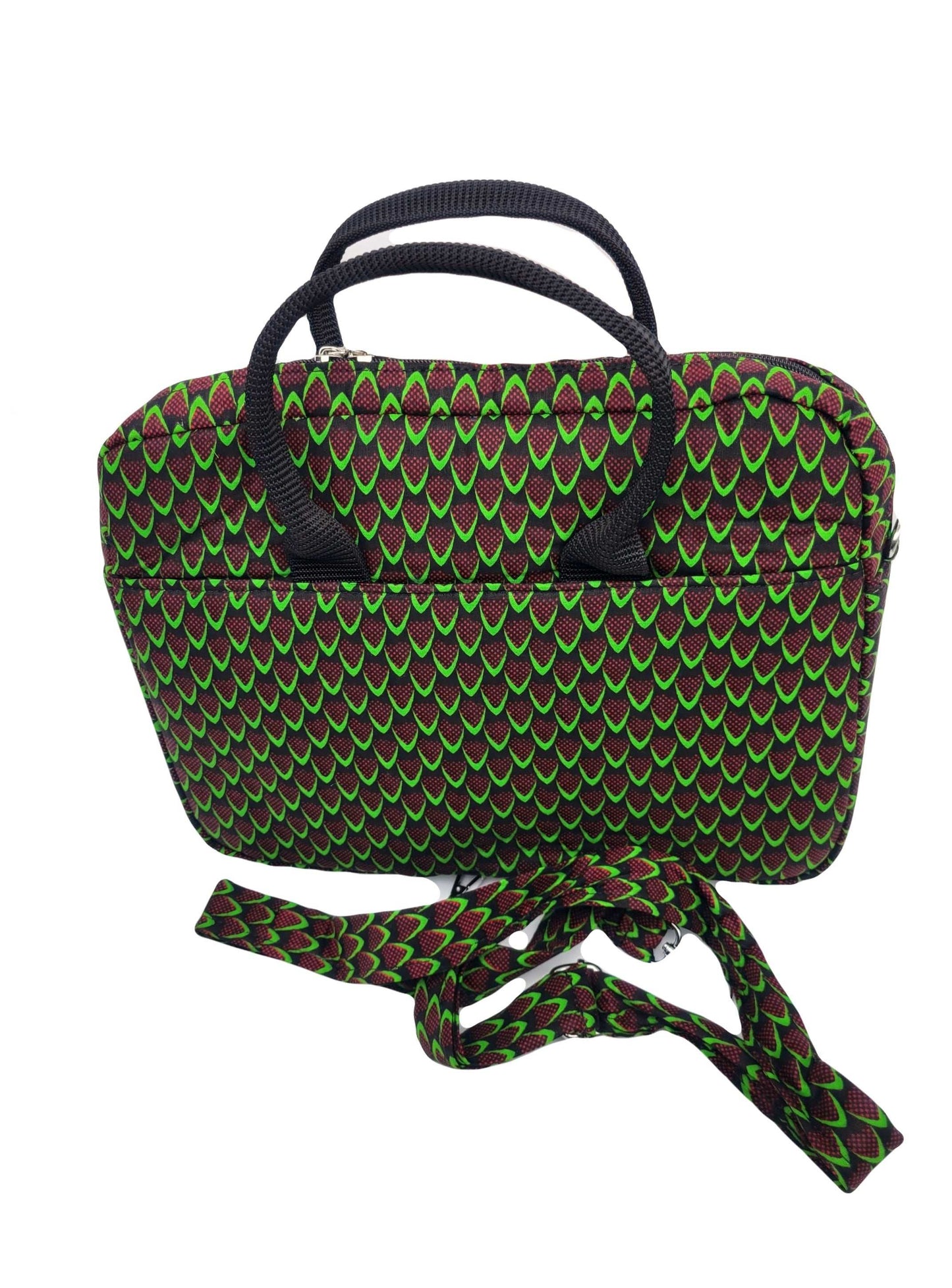 Glam Origins Laptop Bag Green  Ankara/Kente 
Fabric known as "Fish scales"
13"
Handle and Ankara shoulder strap
Do not bleach
Spot Clean 
Made in Nigeria Laptop Bag Green