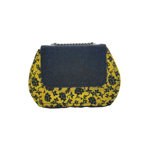 Glam Origins Ummita Chic Ankara Handbags 	Handmade 	Ankara Fabric and Denim	Handbag	Versatile: Can be worn coordinated or separates. 	Bag can be worn as clutch or cross-body	Length: 9"	Height: 6" and 10" wi Ummita Chic Ankara and Denim Handbag Yellow