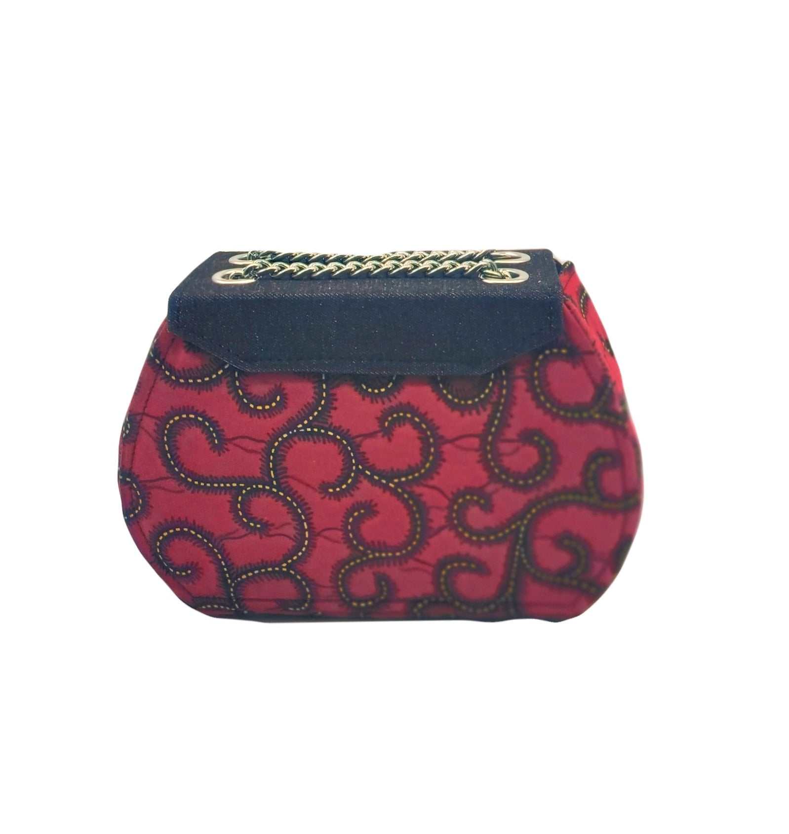 Glam Origins Ummita Chic Ankara Handbags 
Handmade 
Ankara Fabric and Denim
Handbag
Versatile: Can be worn coordinated or separates. 
Bag can be worn as clutch 
Length: 9"
Height: 6" and 10" with straps
Wid Ummita Chic Ankara and Denim Handbag Red