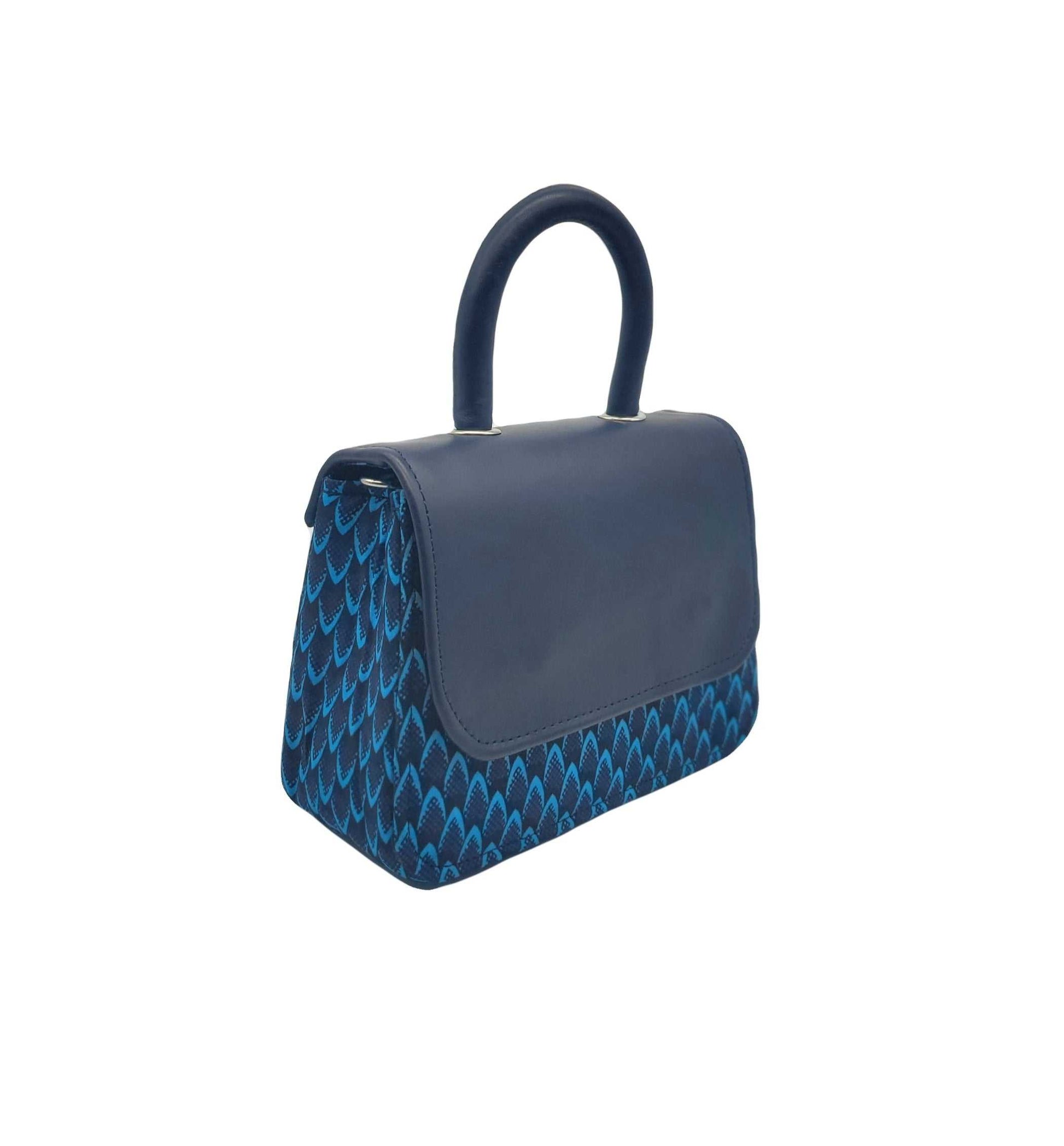 Glam Origins Asma chic Ankara Handbag Blue Handbags 
Handmade 
Ankara Fabric with faux leather body and handle
Chic and cosmopolitan bag can be worn as clutch or ankara cross-body 
Length: 9"
Width: 4"
Height: 7" and  Asma chic Ankara Handbag Blue