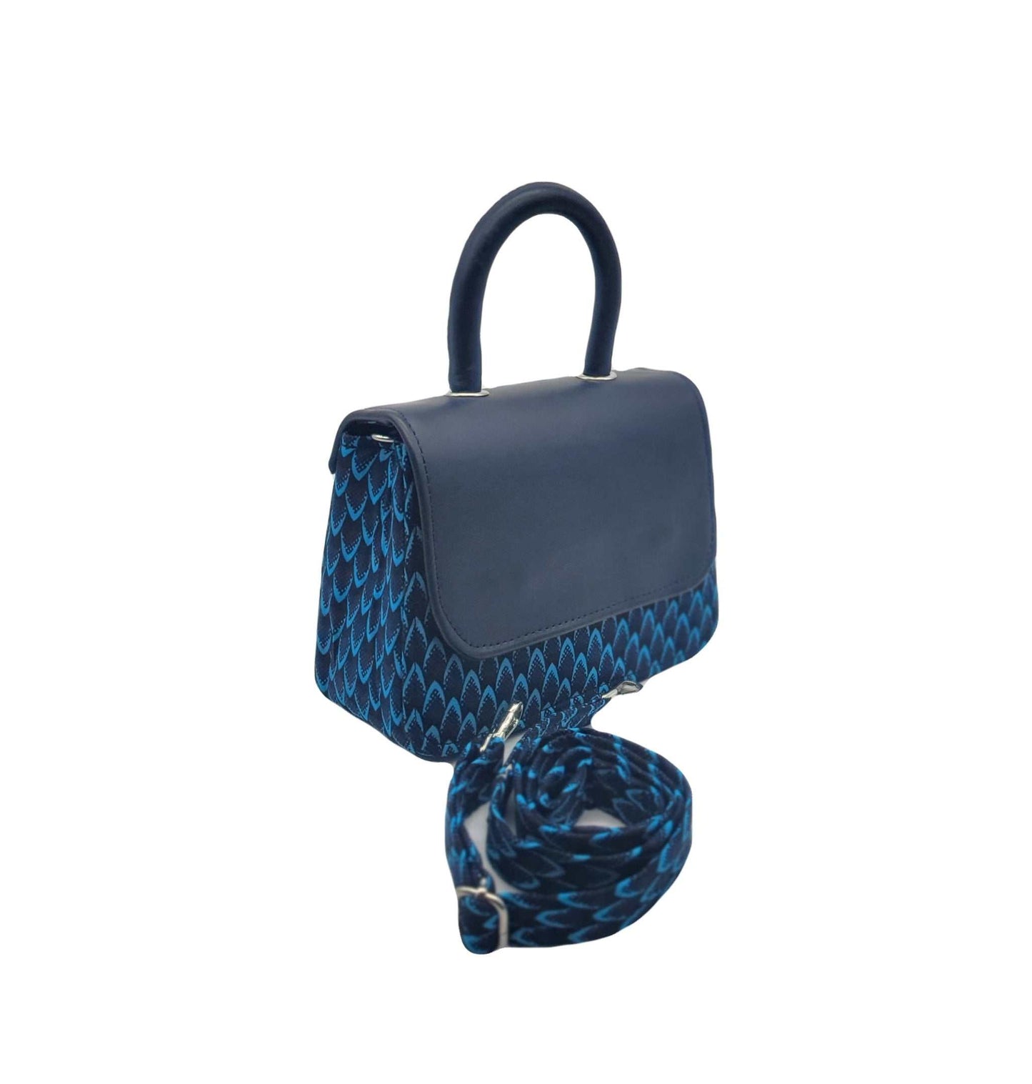 Glam Origins Asma chic Ankara Handbag Blue Handbags 
Handmade 
Ankara Fabric with faux leather body and handle
Chic and cosmopolitan bag can be worn as clutch or ankara cross-body 
Length: 9"
Width: 4"
Height: 7" and  Asma chic Ankara Handbag Blue