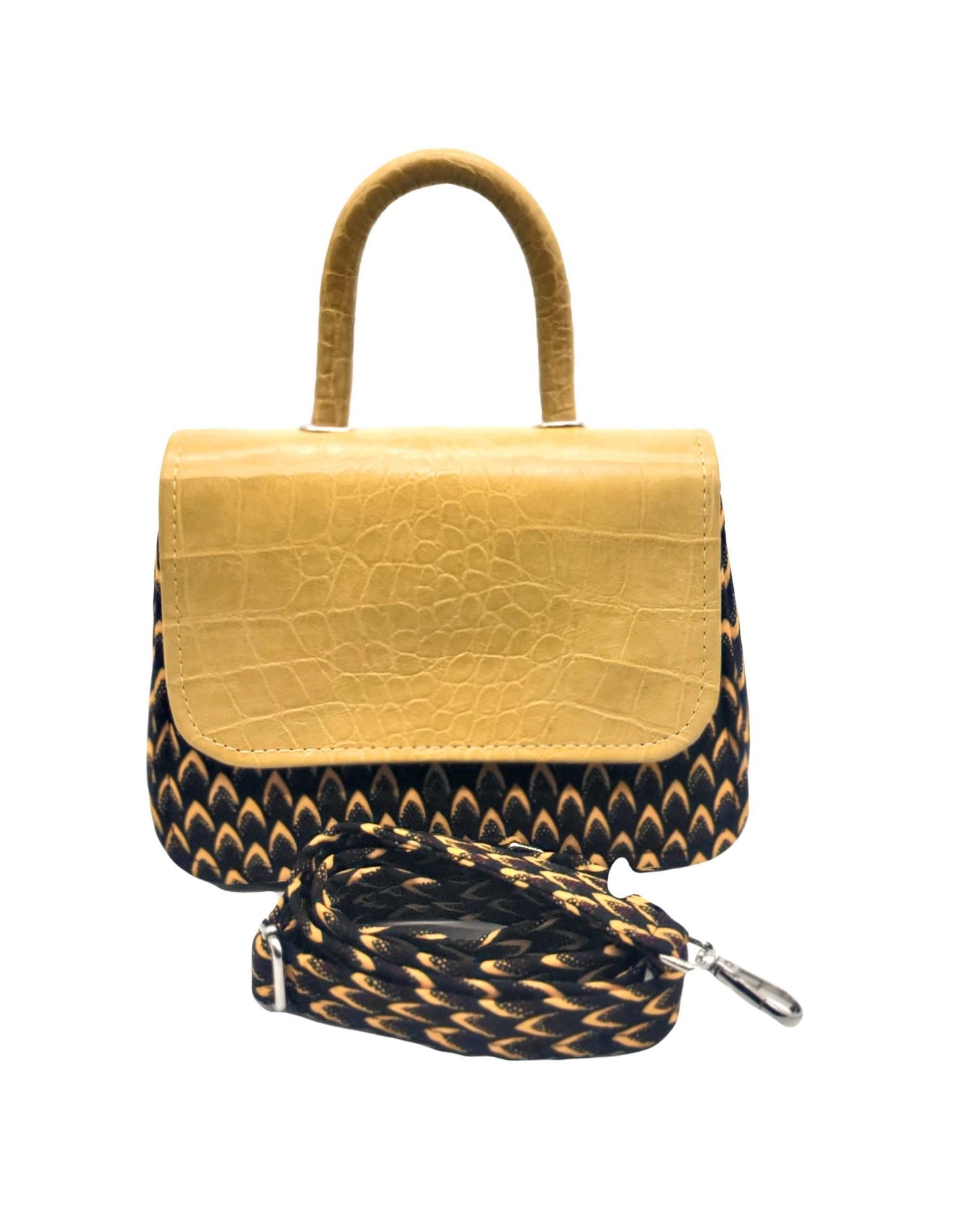 Glam Origins Asma chic Ankara Handbag Yellow Handbags 
Handmade 
Ankara Fabric with faux leather body and handle
Chic and cosmopolitan bag can be worn as clutch or ankara cross-body 
Length: 9"
Width: 4"
Height: 7" and  Asma chic Ankara Handbag Yellow