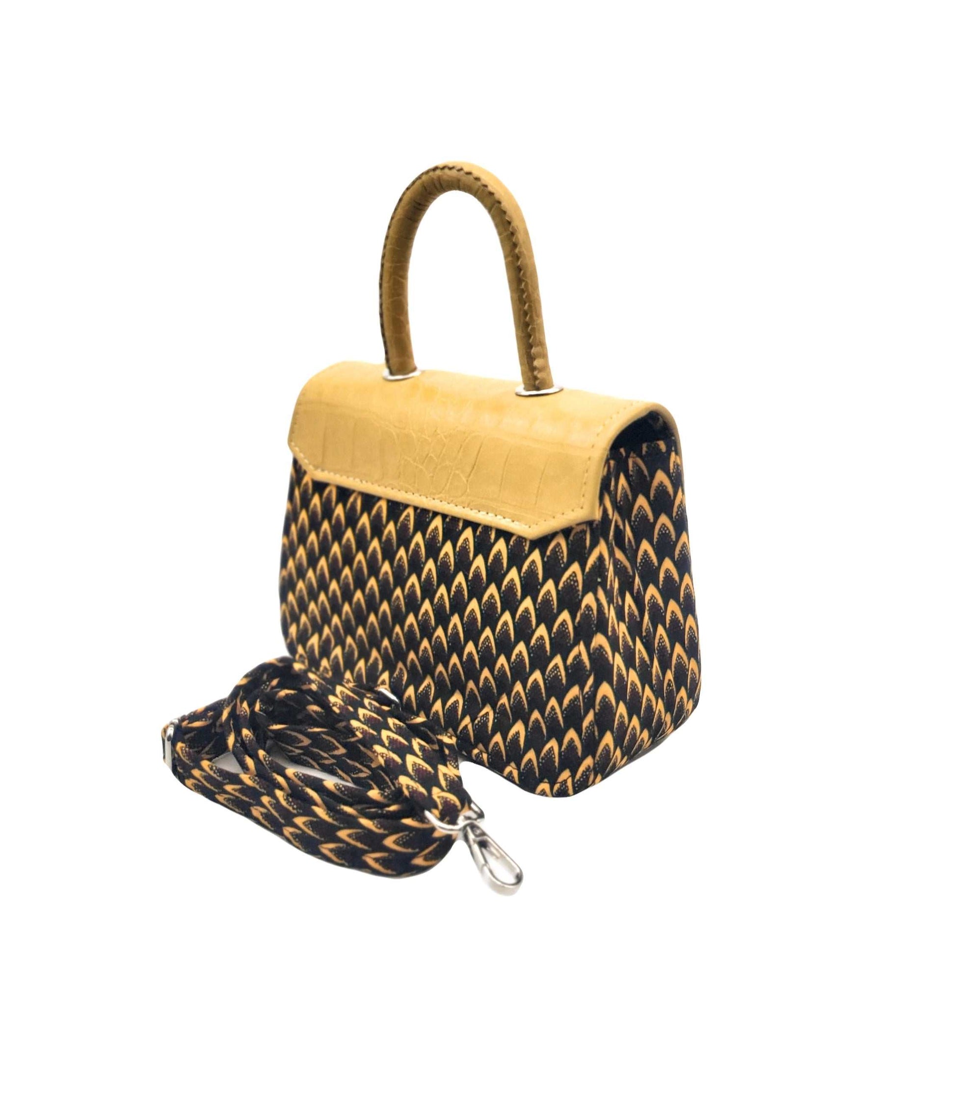 Glam Origins Asma chic Ankara Handbag Yellow Handbags 
Handmade 
Ankara Fabric with faux leather body and handle
Chic and cosmopolitan bag can be worn as clutch or ankara cross-body 
Length: 9"
Width: 4"
Height: 7" and  Asma chic Ankara Handbag Yellow