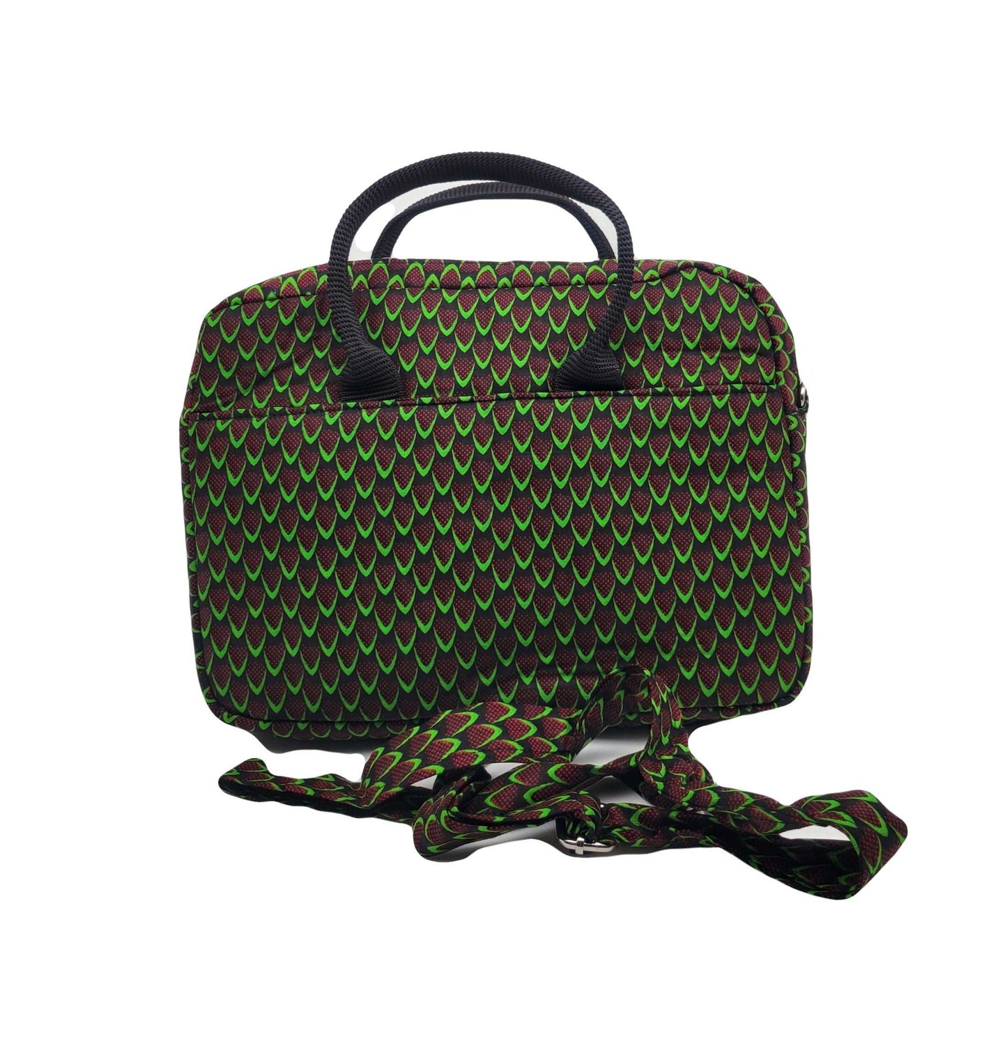 Glam Origins Laptop Bag Green  Ankara/Kente 
Fabric known as "Fish scales"
13"
Handle and Ankara shoulder strap
Do not bleach
Spot Clean 
Made in Nigeria Laptop Bag Green