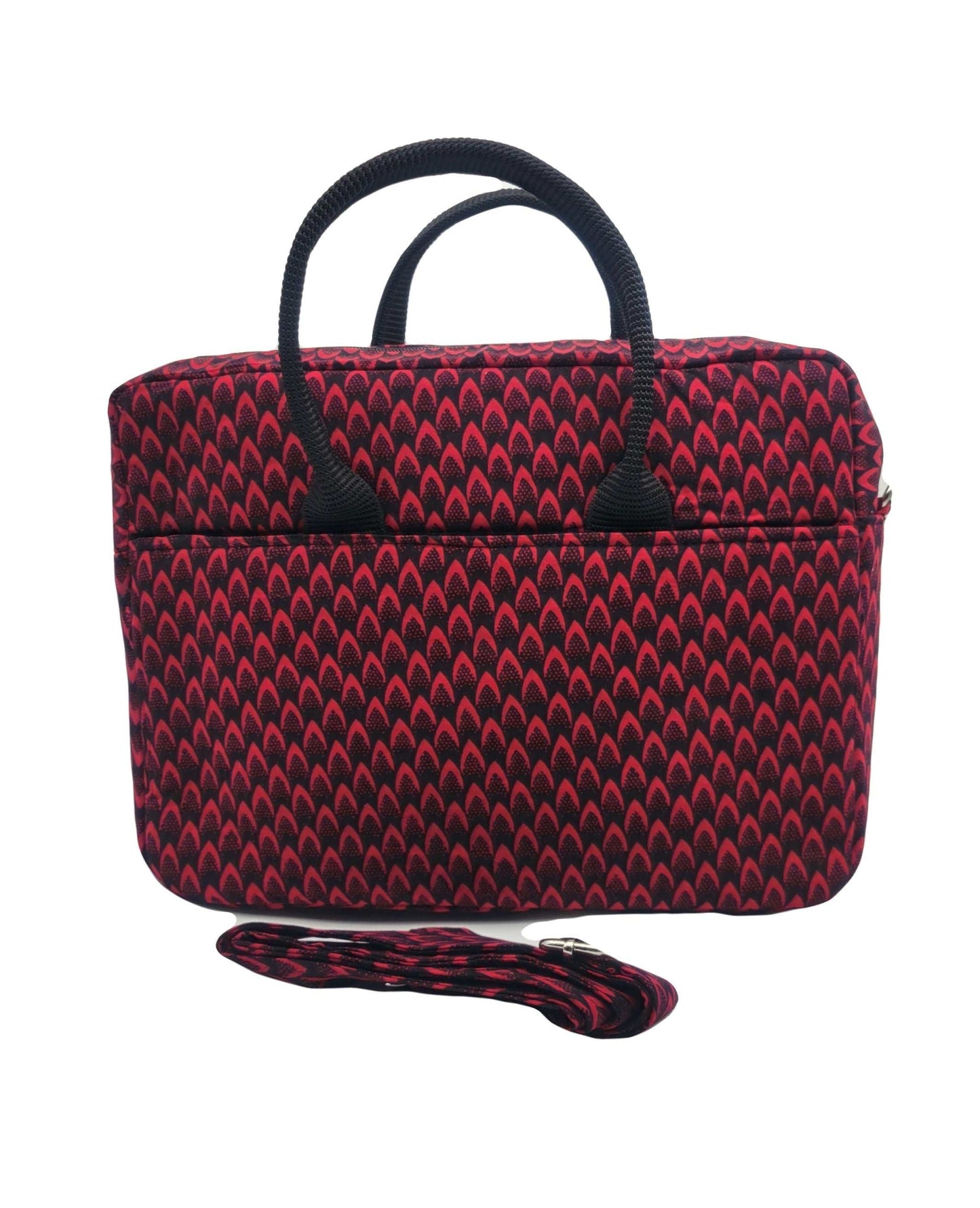 Glam Origins Laptop Bag Red  Ankara/Kente 
Fabric known as "Fish scales"
13" or 12"
Handle and Ankara shoulder strap
Do not bleach
Spot Clean 
Made in Nigeria Laptop Bag Red