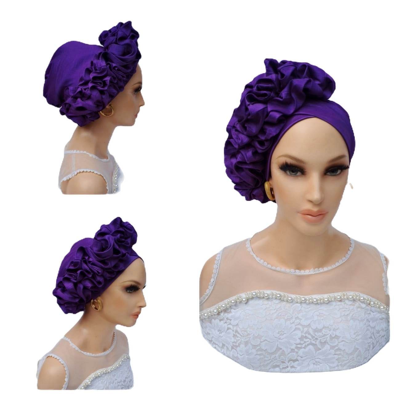 Glam Origins Liho Ruffle Purple silk Turban Turbans 	Handmade silk turbans	Adjust to fit	Vibrant Colors	Stylish	True to roots	Spot clean	Best dry clean	Made in Nigeria
 Liho Ruffle Purple silk Turban