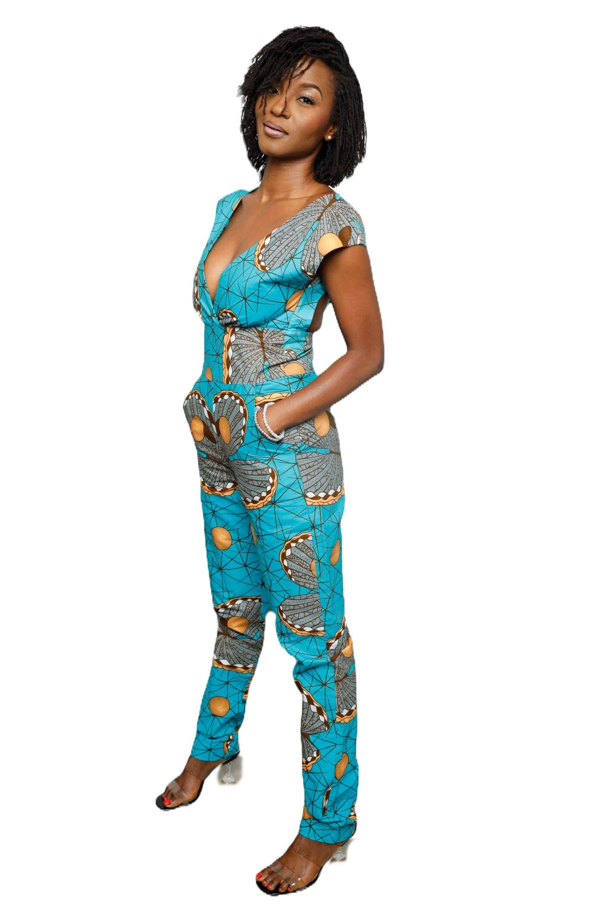 Glam Origins Manji Jumpsuit Jumpsuits 	Ankara 	100% cotton	Measurement: L	Light lining	Vibrant Colors	Stylish	True to roots	Best dry clean	Accessories not included	Made in Nigeria
 Manji Jumpsuit