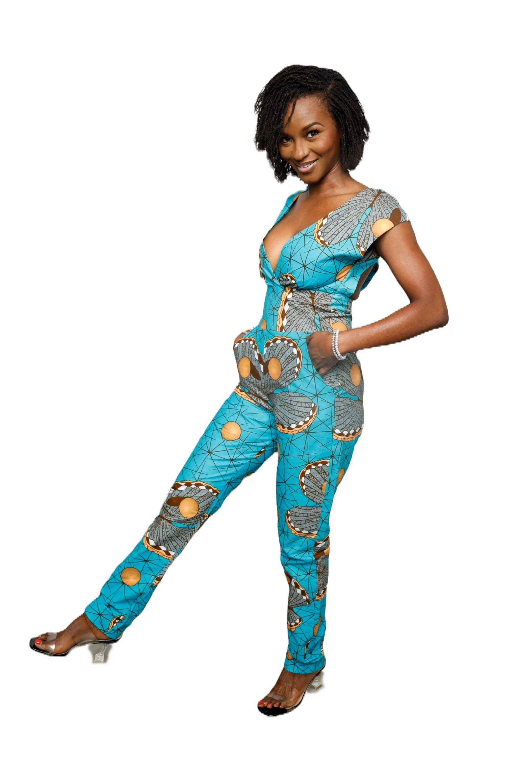 Glam Origins Manji Jumpsuit Jumpsuits 	Ankara 	100% cotton	Measurement: L	Light lining	Vibrant Colors	Stylish	True to roots	Best dry clean	Accessories not included	Made in Nigeria
 Manji Jumpsuit