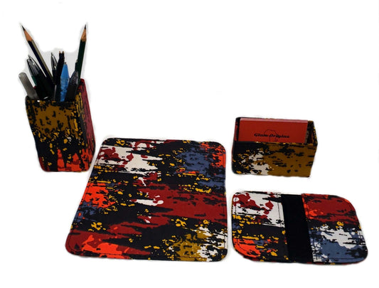 Glam Origins Noor Ankara Office set Office Sets 	Ankara Office set	Set of 4	Mouse pad, Pen/pencil holder, Cardholder, Card wallet	Ankara Fabric	Spot clean	Made in Nigeria
  Noor Ankara Office set