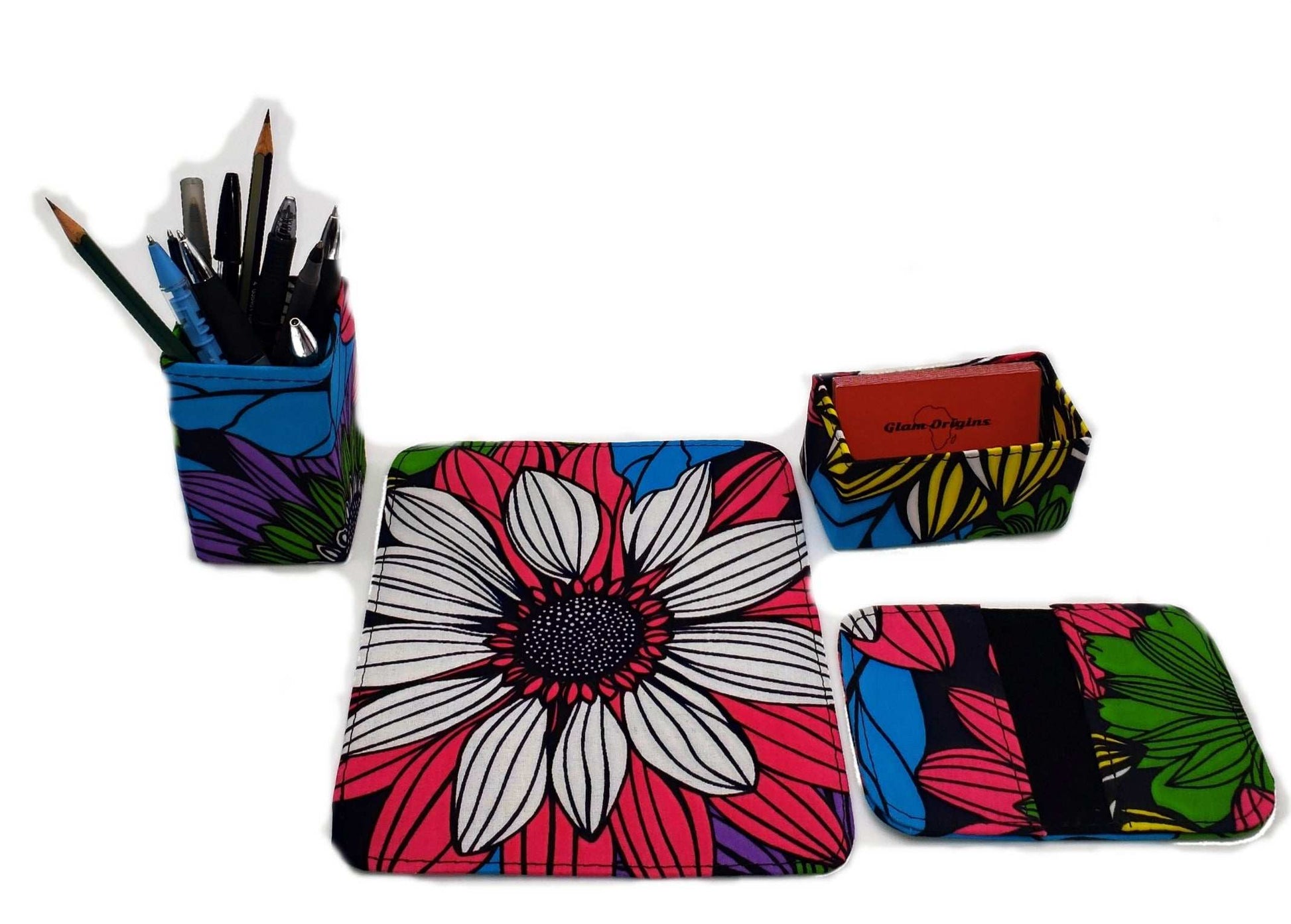 Glam Origins Noor Ankara Office set Office Sets 	Ankara Office set	Set of 4	Mouse pad, Pen/pencil holder, Cardholder, Card wallet	Ankara Fabric	Spot clean	Made in Nigeria
  Noor Ankara Office set