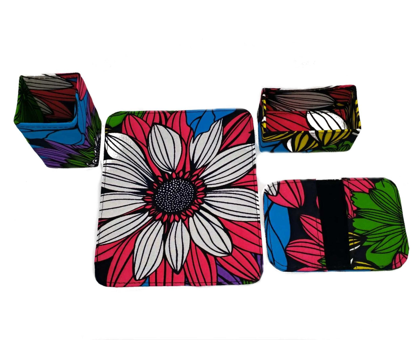 Glam Origins Noor Ankara Office set Office Sets 	Ankara Office set	Set of 4	Mouse pad, Pen/pencil holder, Cardholder, Card wallet	Ankara Fabric	Spot clean	Made in Nigeria
  Noor Ankara Office set