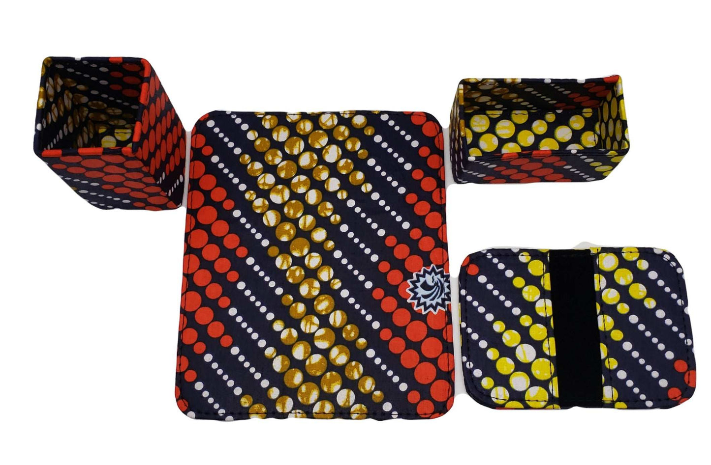 Glam Origins Noor Ankara Office set Office Sets 	Ankara Office set	Set of 4	Mouse pad, Pen/pencil holder, Cardholder, Card wallet	Ankara Fabric	Spot clean	Made in Nigeria
  Noor Ankara Office set