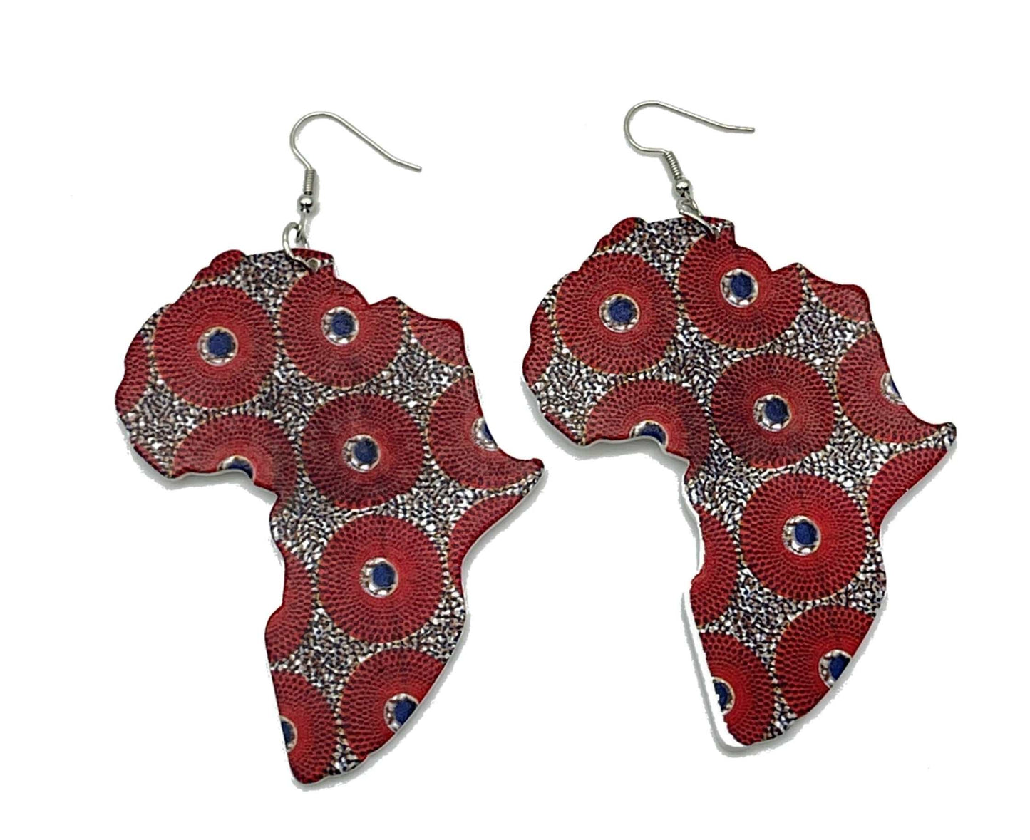 Glam Origins Mariam Large Handmade Wooden Bohemian African Map Earrings Earrings 	Stylish Large Handmade wooden earrings	African Map	Oil painted	African ankara fabric design	Vibrant Colors	Silver hook	Weight: 0.4oz (0.2oz each)	Lenght: 4"	Width:  Mariam Large Handmade Wooden Bohemian African Map Earrings