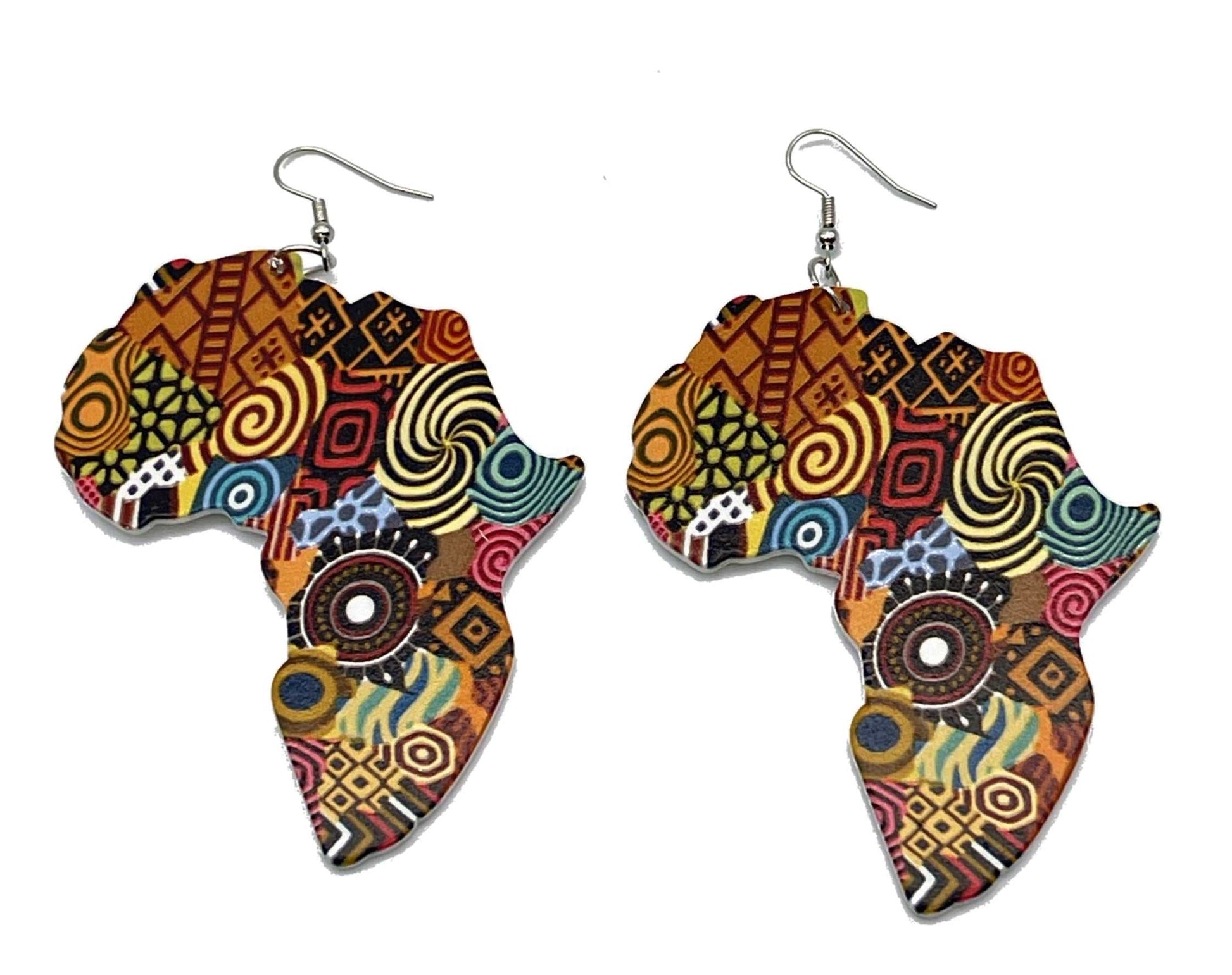 Glam Origins Mariam Large Handmade Wooden Bohemian African Map Earrings Earrings 	Stylish Large Handmade wooden earrings	African Map	Oil painted	African ankara fabric design	Vibrant Colors	Silver hook	Weight: 0.4oz (0.2oz each)	Lenght: 4"	Width:  Mariam Large Handmade Wooden Bohemian African Map Earrings