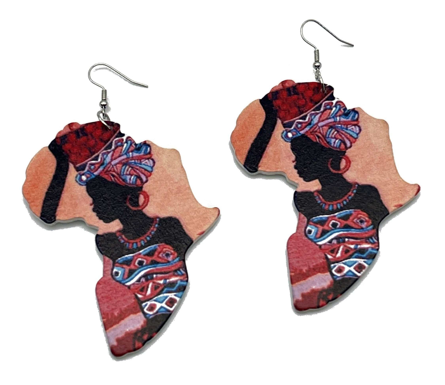 Glam Origins Mariam Large Handmade Wooden Bohemian African Map Earrings Earrings 	Stylish Large Handmade wooden earrings	African Map	Oil painted	African ankara fabric design	Vibrant Colors	Silver hook	Weight: 0.4oz (0.2oz each)	Lenght: 4"	Width:  Mariam Large Handmade Wooden Bohemian African Map Earrings