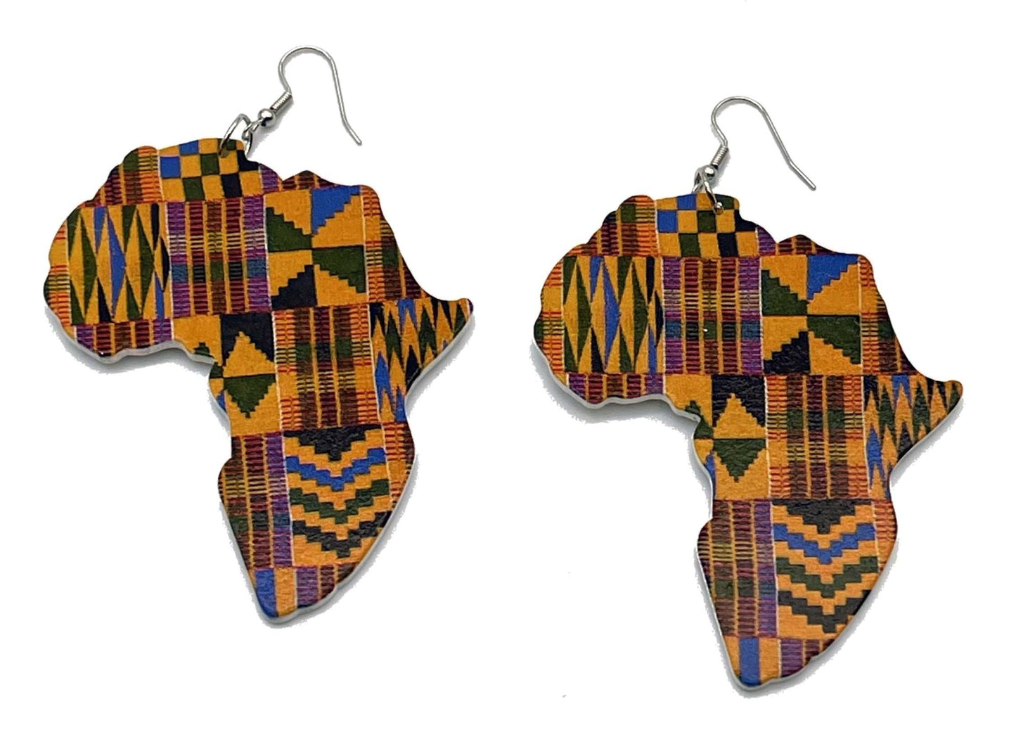 Glam Origins Mariam Large Handmade Wooden Bohemian African Map Earrings Earrings 	Stylish Large Handmade wooden earrings	African Map	Oil painted	African ankara fabric design	Vibrant Colors	Silver hook	Weight: 0.4oz (0.2oz each)	Lenght: 4"	Width:  Mariam Large Handmade Wooden Bohemian African Map Earrings