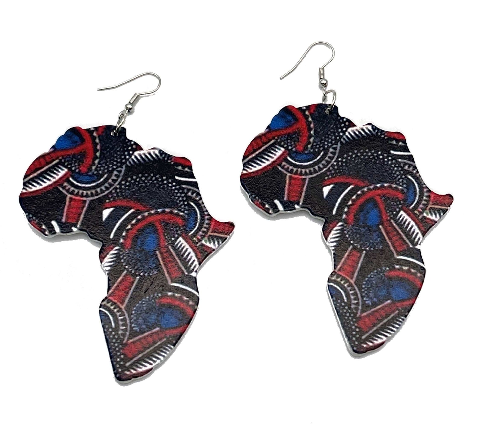 Glam Origins Mariam Large Handmade Wooden Bohemian African Map Earrings Earrings 	Stylish Large Handmade wooden earrings	African Map	Oil painted	African ankara fabric design	Vibrant Colors	Silver hook	Weight: 0.4oz (0.2oz each)	Lenght: 4"	Width:  Mariam Large Handmade Wooden Bohemian African Map Earrings