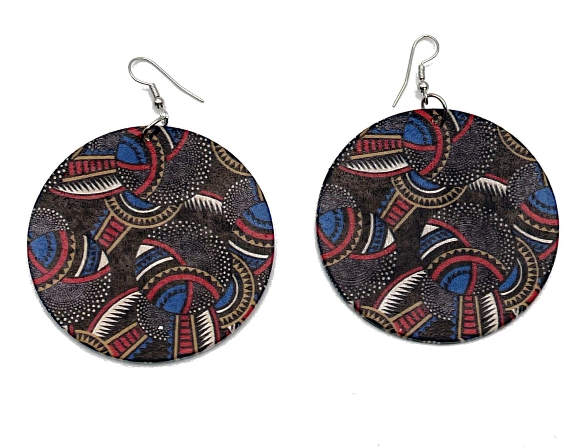 Glam Origins Mariam Large Handmade Wooden Round Bohemian Earrings Earrings 
Stylish Large Handmade wooden earrings
Round
Oil painted
African ankara fabric design
Vibrant Colors
Silver hook
Weight: 0.4oz (0.2oz each)
Lenght: 4"
Width: 2.5"
 Mariam Large Handmade Wooden Round Bohemian Earrings