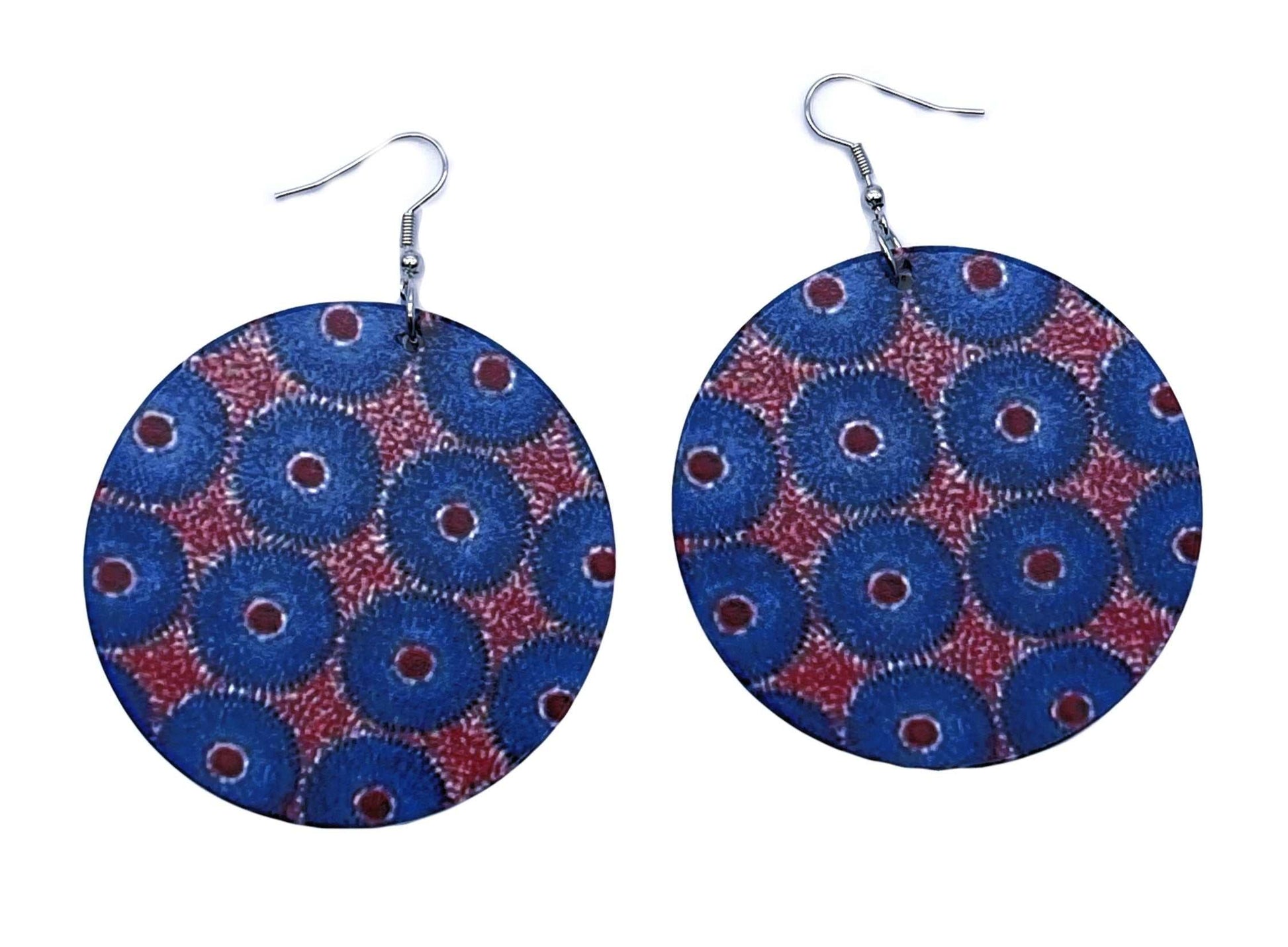 Glam Origins Mariam Large Handmade Wooden Round Bohemian Earrings Earrings 
Stylish Large Handmade wooden earrings
Round
Oil painted
African ankara fabric design
Vibrant Colors
Silver hook
Weight: 0.4oz (0.2oz each)
Lenght: 4"
Width: 2.5"
 Mariam Large Handmade Wooden Round Bohemian Earrings