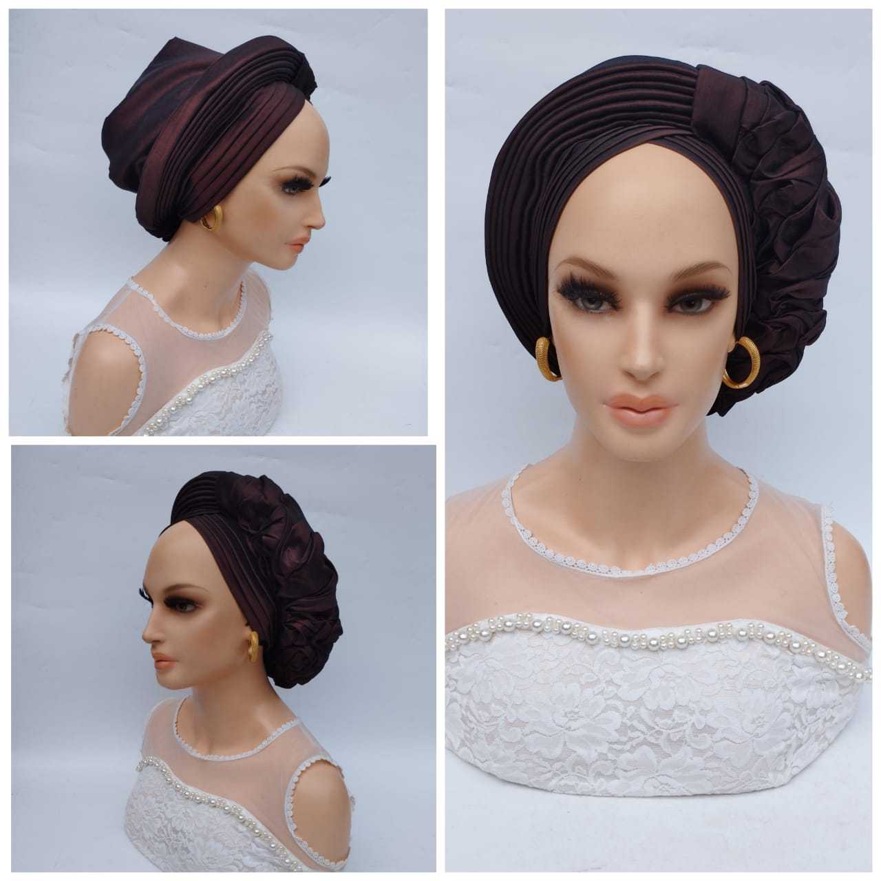 Glam Origins Meena brown silk Turban Turbans 	Handmade silk turbans	Adjust to fit	Vibrant Colors	Stylish	True to roots	Spot clean	Best dry clean	Made in Nigeria
 Meena brown silk Turban