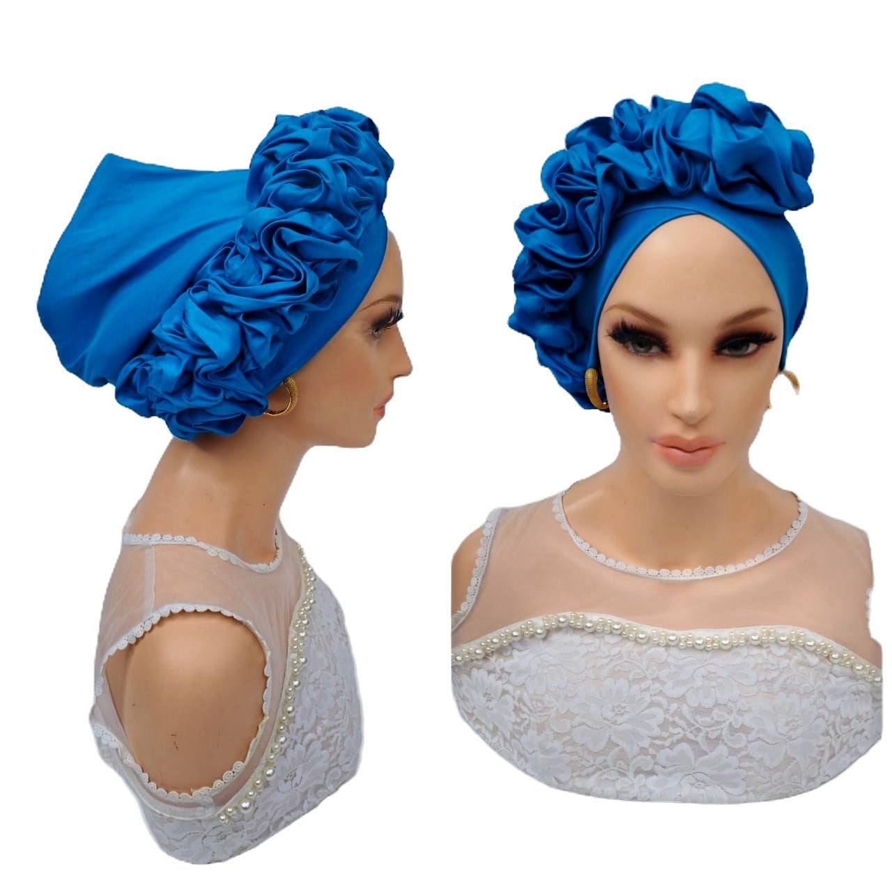 Glam Origins Liho ruffle blue silk turban Turbans 	Handmade silk turbans	Adjust to fit	Vibrant Colors	Stylish	True to roots	Spot clean	Best dry clean	Made in Nigeria
 Liho ruffle blue silk turban