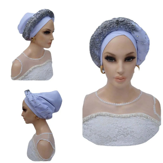 Stylish African Accessories | Silk Turban-Head Cover-Meena embellished-White 
