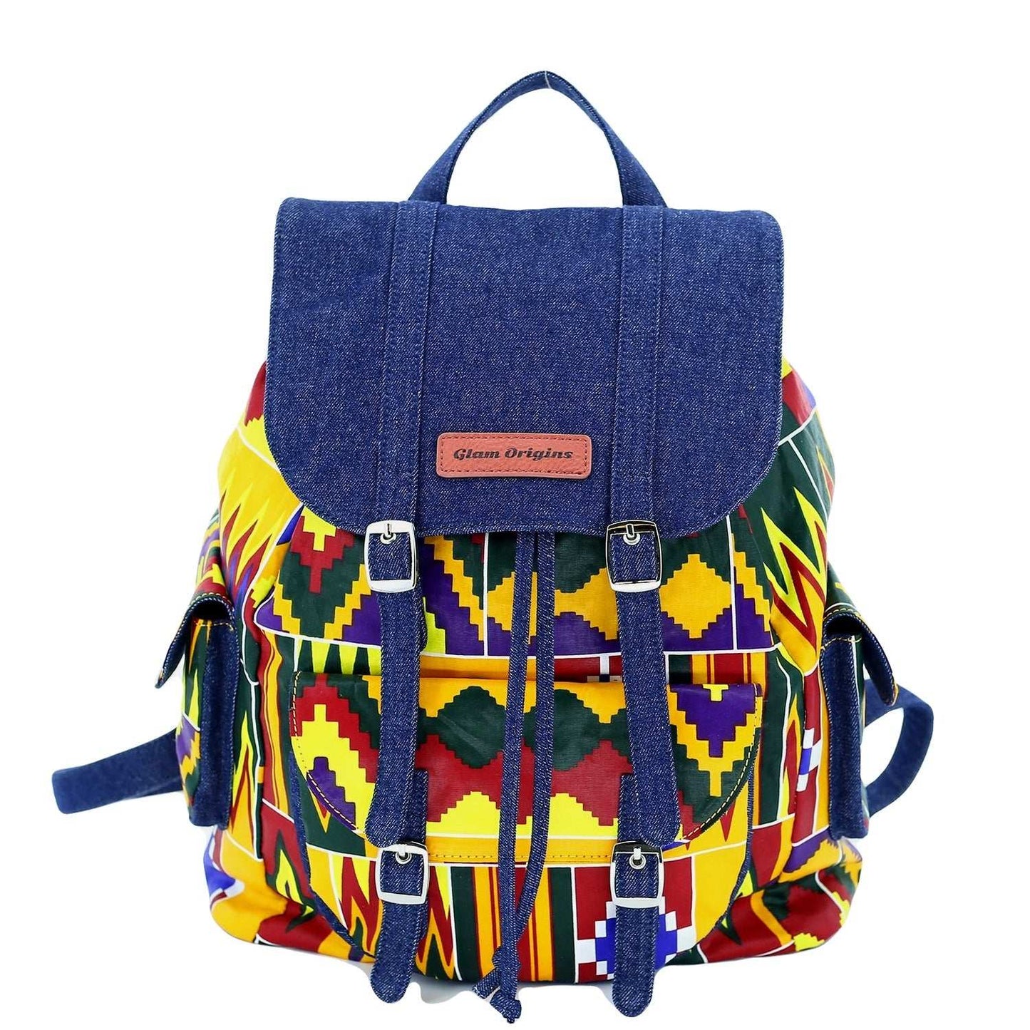 Glam Origins Mariam Kente Backpack_Bag Handbags Kente Fabric100% CottonSpot cleanDenim straps and flap Mariam Kente Backpack_Bag