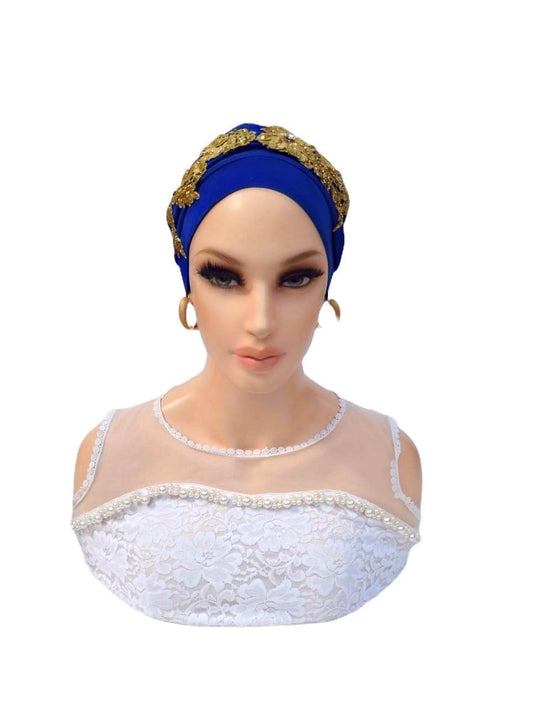 Glam Origins Gold Silk Turban Turbans 	Handmade silk turbans	Adjust to fit	Vibrant Colors	Stylish	True to roots	Spot clean	Best dry clean	Made in Nigeria
 Yums Blue and Gold Silk Turban